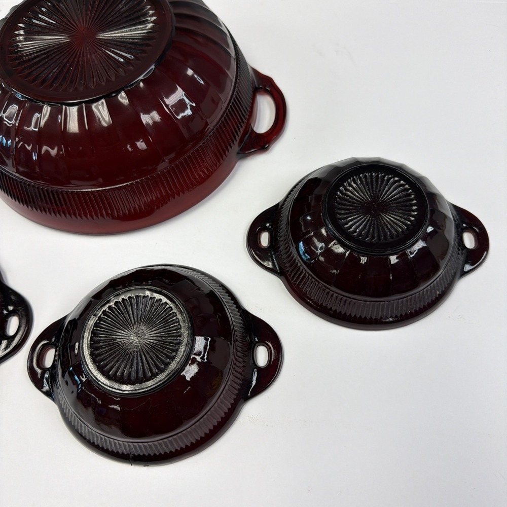 Anchor hocking 5 RUBY RED DEPRESSION GLASS Berry BOWLS W/HANDLES 1 Salad Bowl - Picture 7 of 12